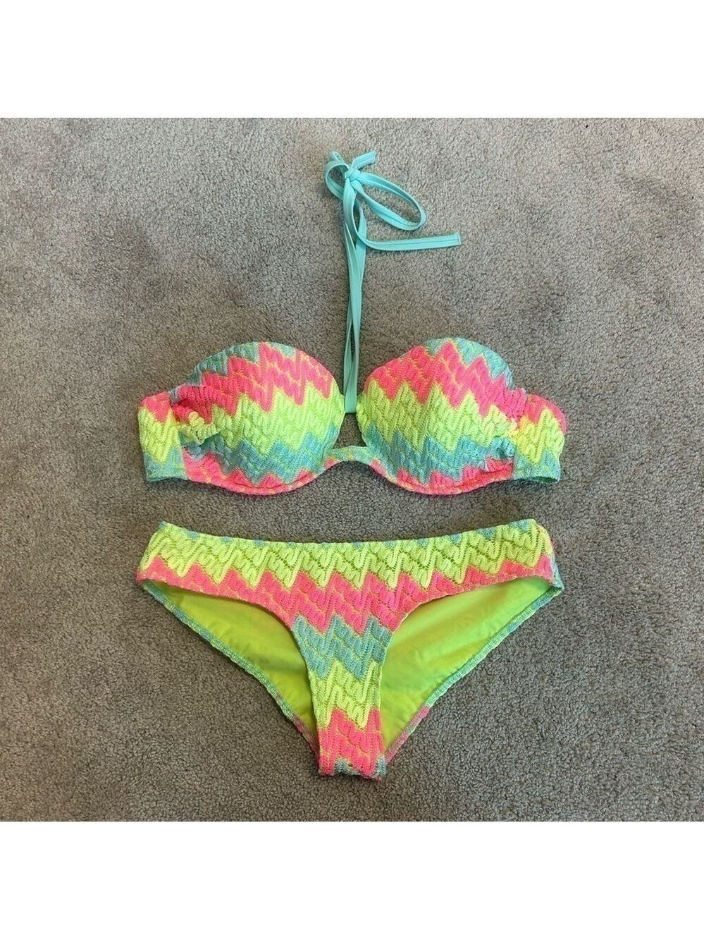 Victoria’s Secret pink blue yellow knit zigzag print two piece bikini swimsuit